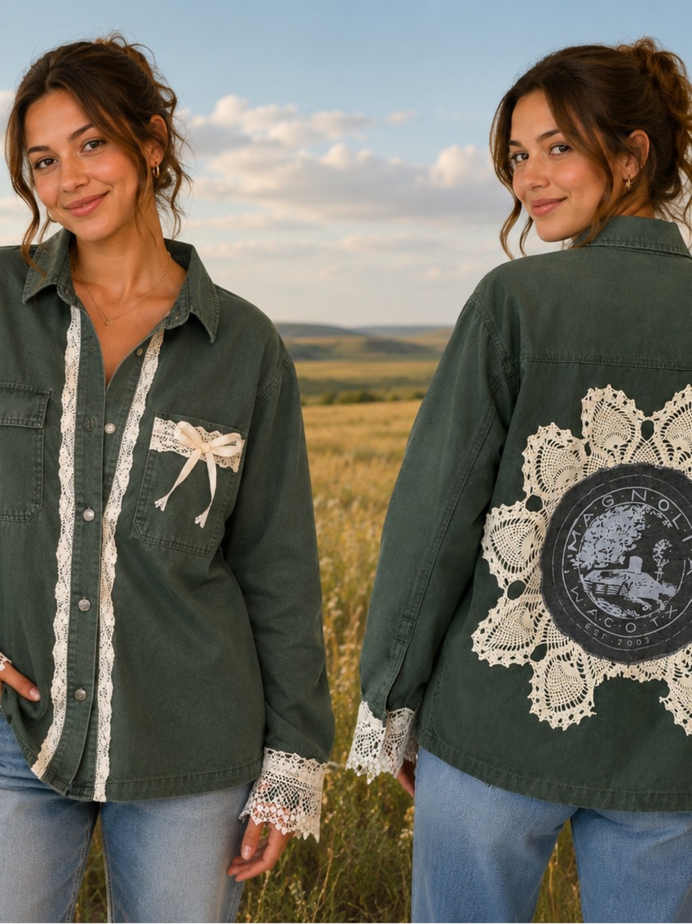 No Boundaries Olive Green Utility Jacket with Lace Trim Recycled Sustainable Art